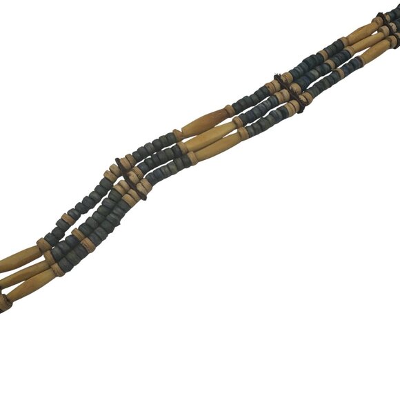 Wood Beaded Multistrand Choker Necklace Blue Yellow Tribal Bohemian Adjustable - Picture 4 of 5